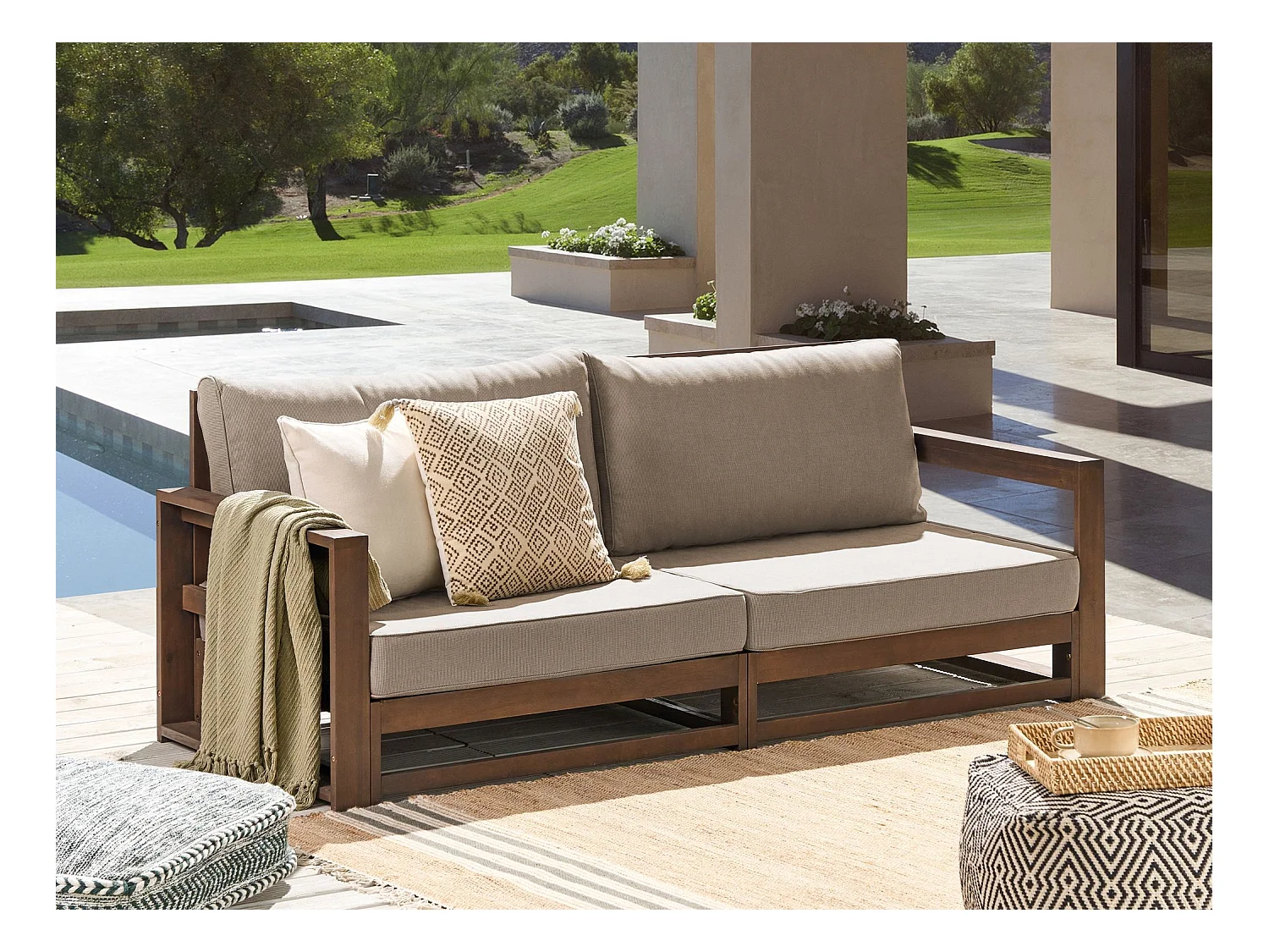 Lounge Ecksofa Akazienholz dunkler Holzfarbton 2-Sitzer Auflagen taupe Timor II
