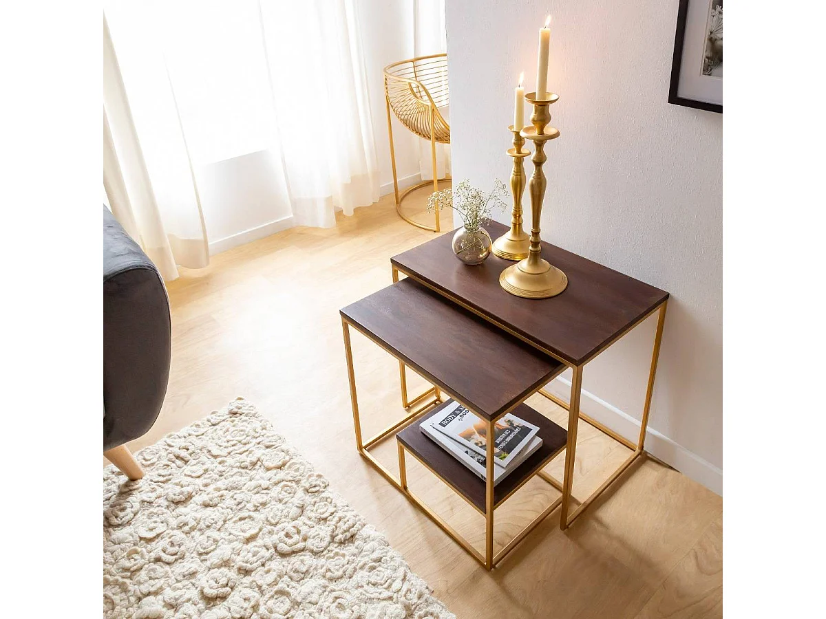 Conjunto de dos mesas de centro de madera de mango y metal dorado para un estilo contemporáneo