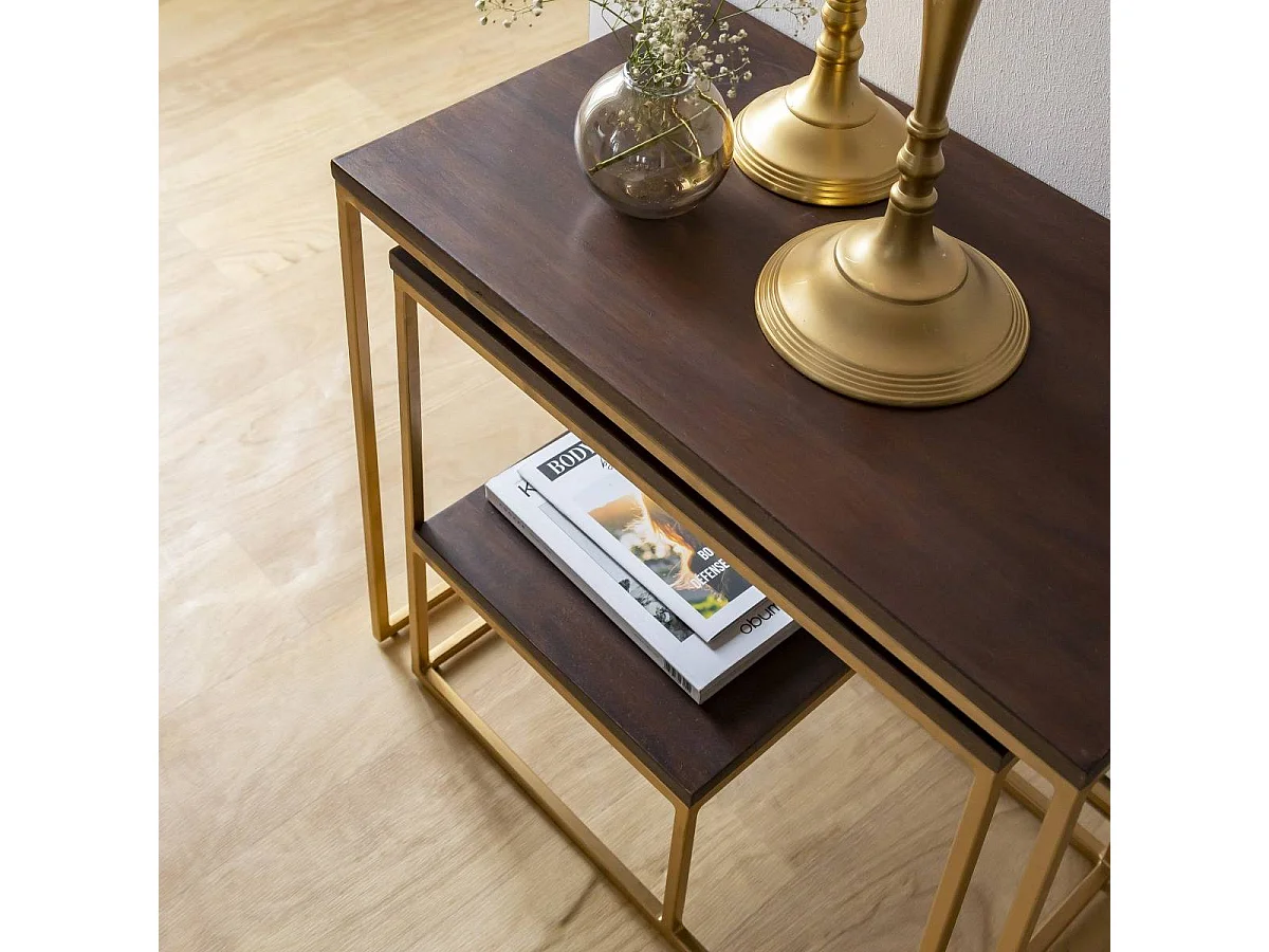 Conjunto de dos mesas de centro de madera de mango y metal dorado para un estilo contemporáneo
