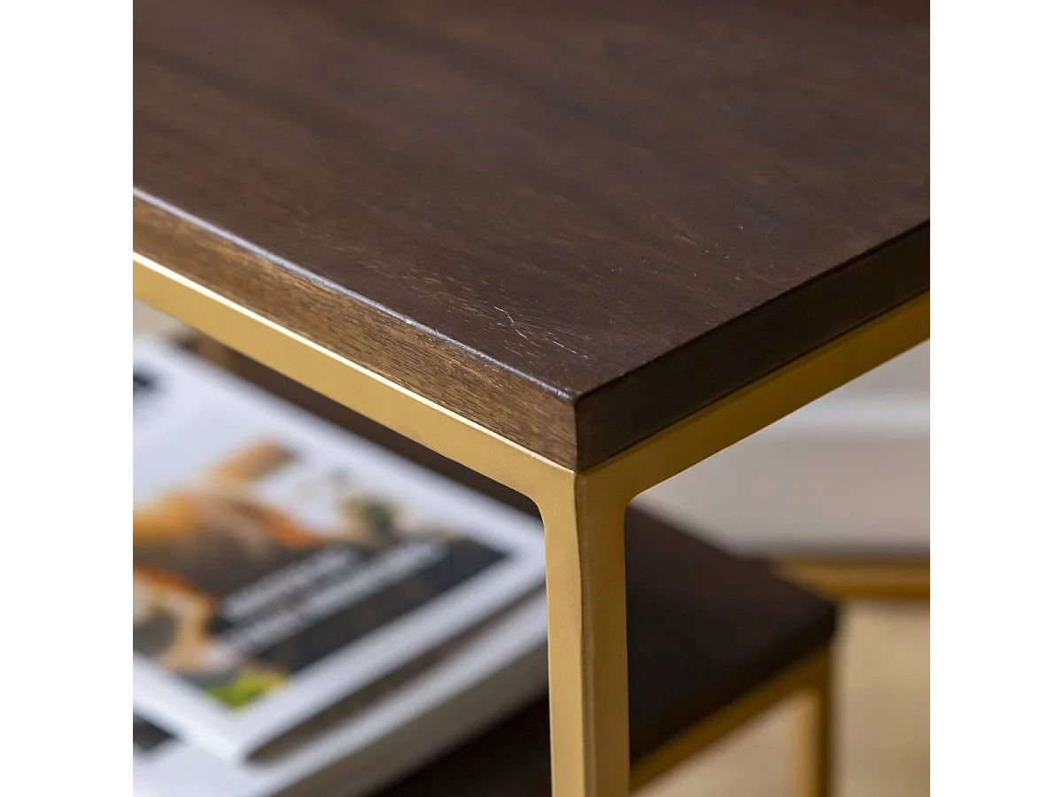 Conjunto de dos mesas de centro de madera de mango y metal dorado para un estilo contemporáneo