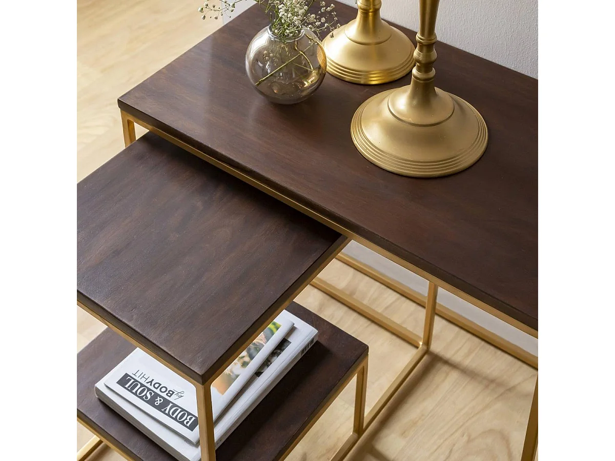 Conjunto de dos mesas de centro de madera de mango y metal dorado para un estilo contemporáneo