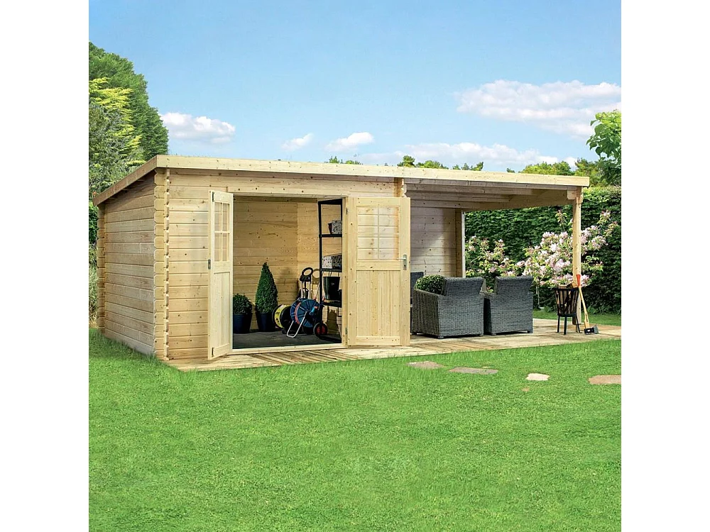 Abri de jardin toit plat avec auvent en bois 2,98 x 5,96 m