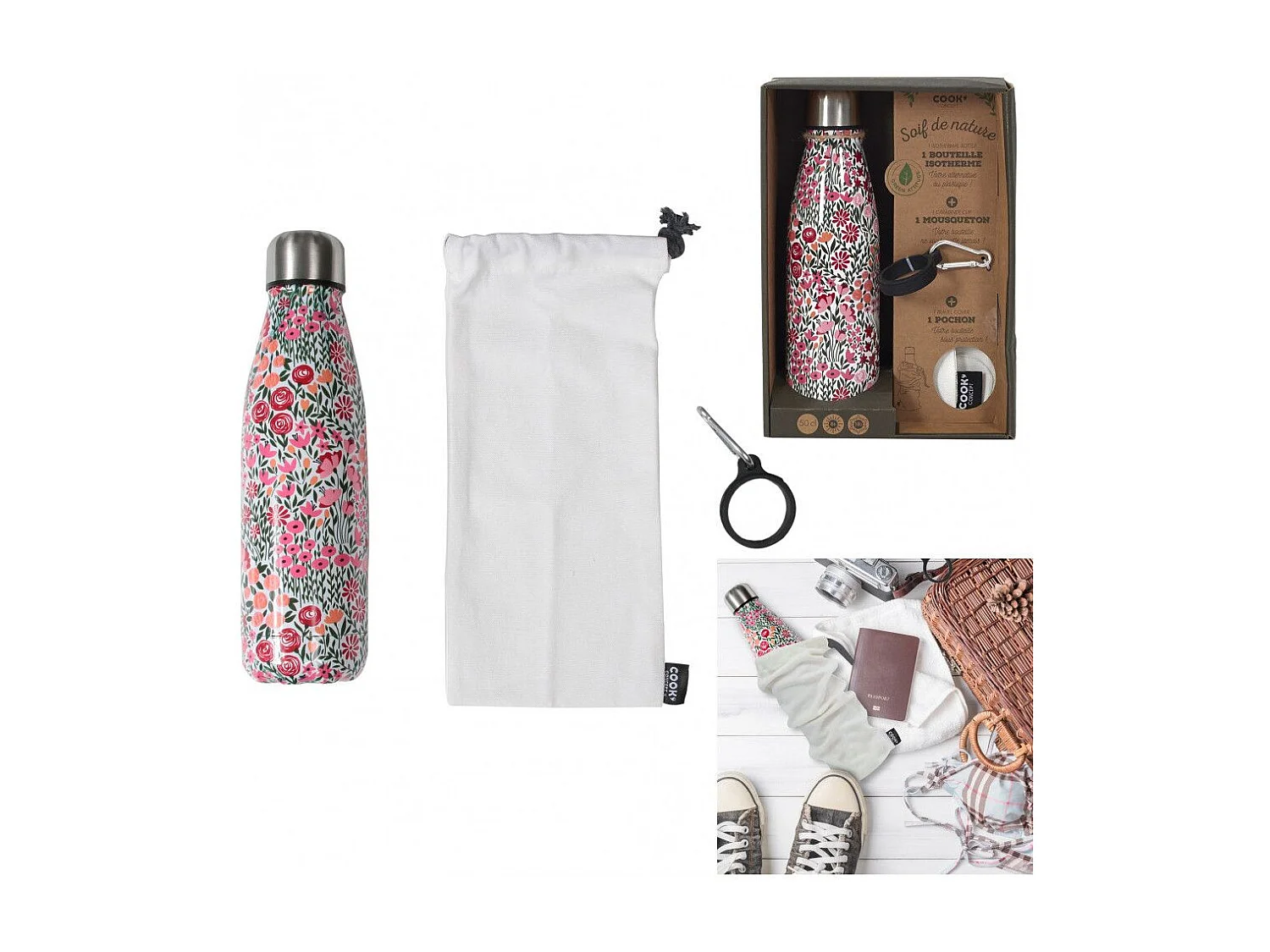 Coffret Bouteille Isotherme Fleurie 50cl Multicolore, Marron