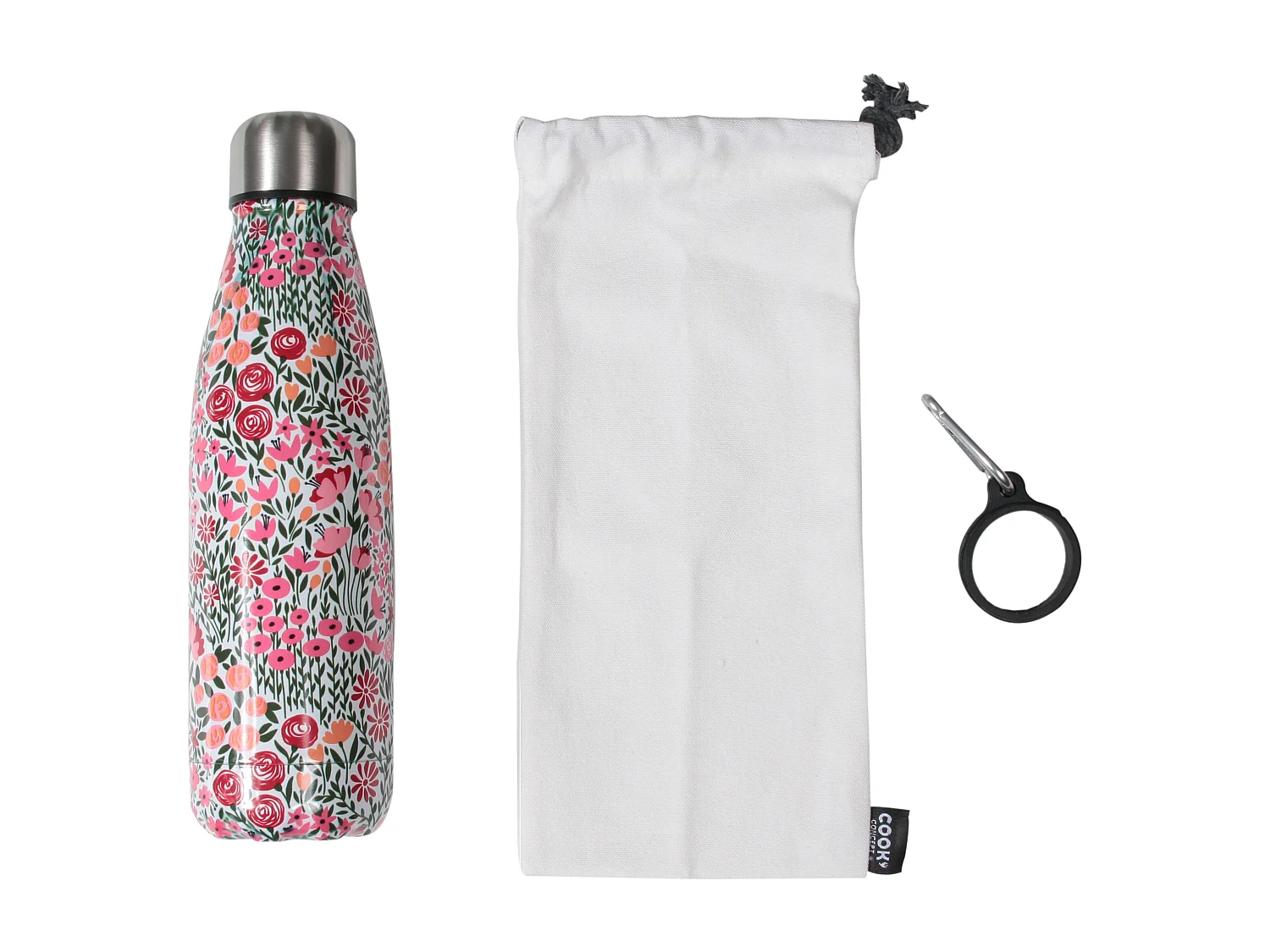 Thermoflasche 50 Zentiliter mit Blumen Motiven und Karabinerhaken