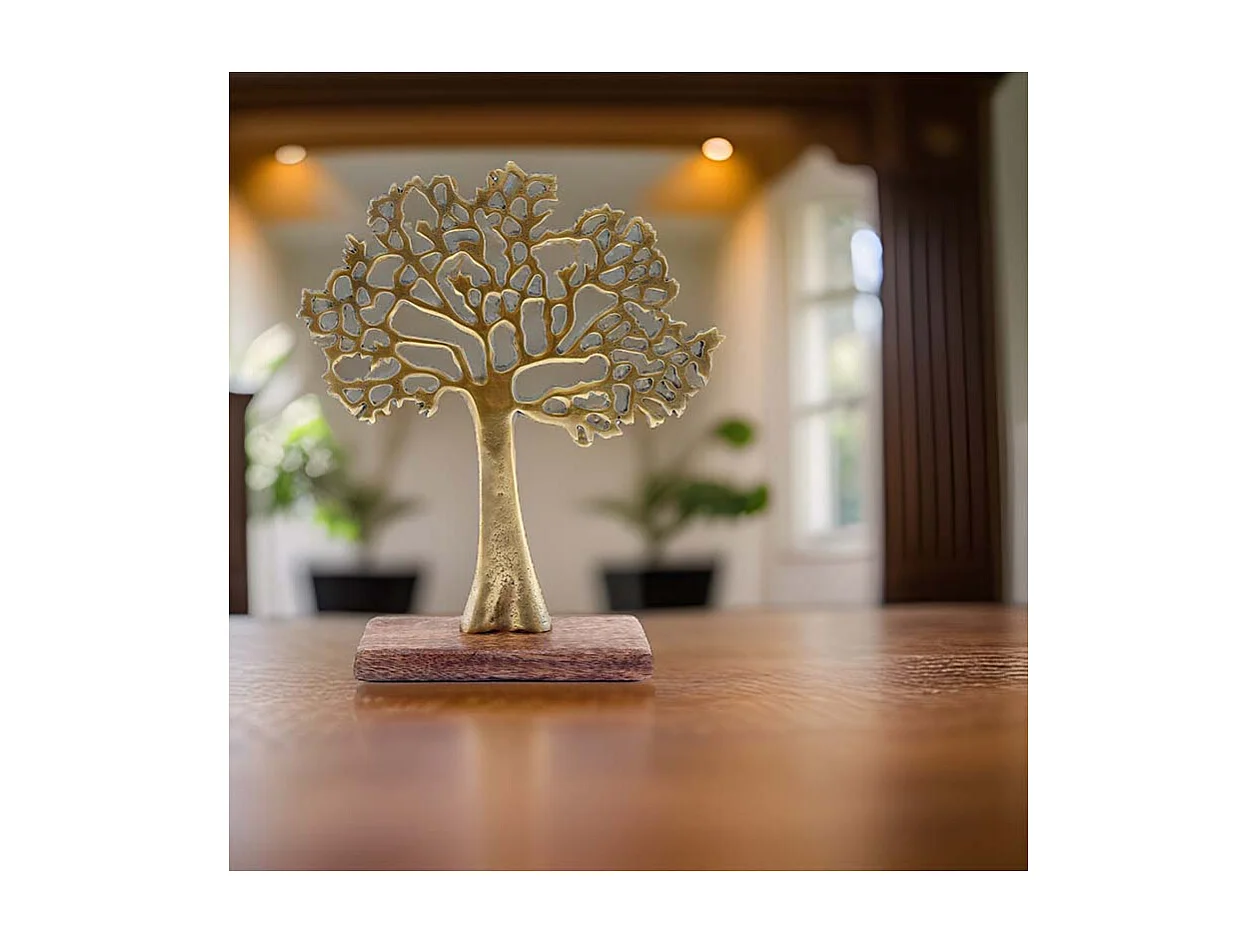 Árbol decorativo de aluminio dorado y madera de mango Árbol de la vida Tamaño 1