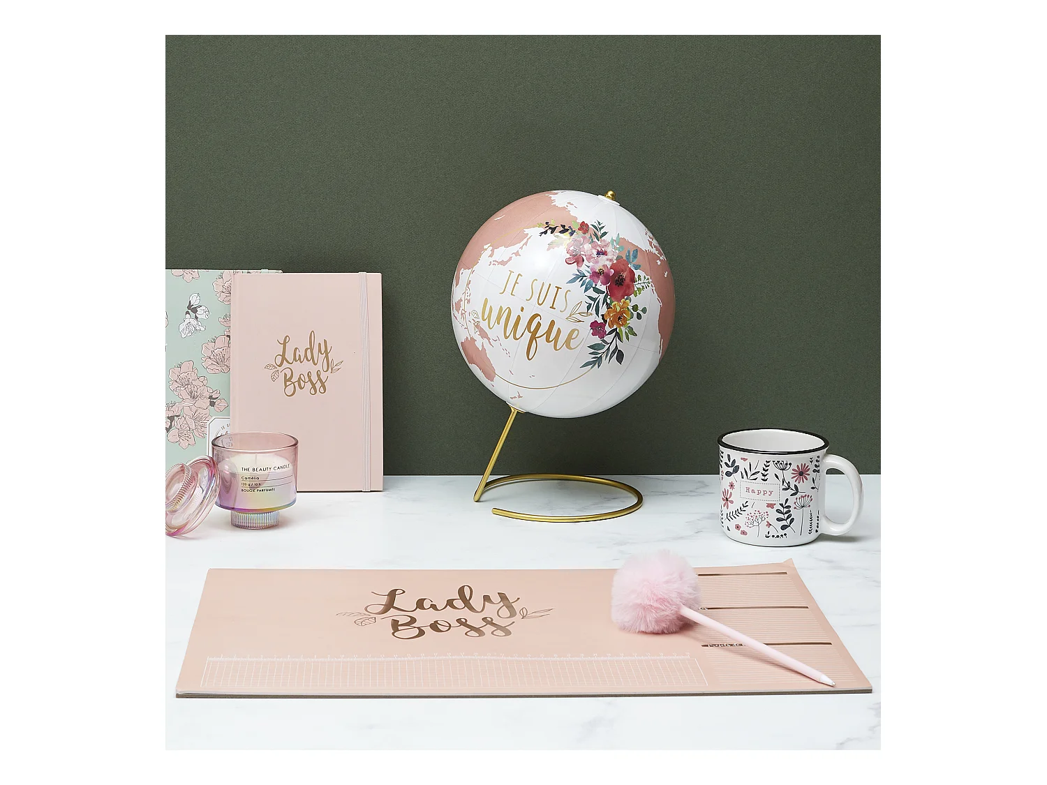 Globe Terrestre Deco Girly Blanc, Rose, Or