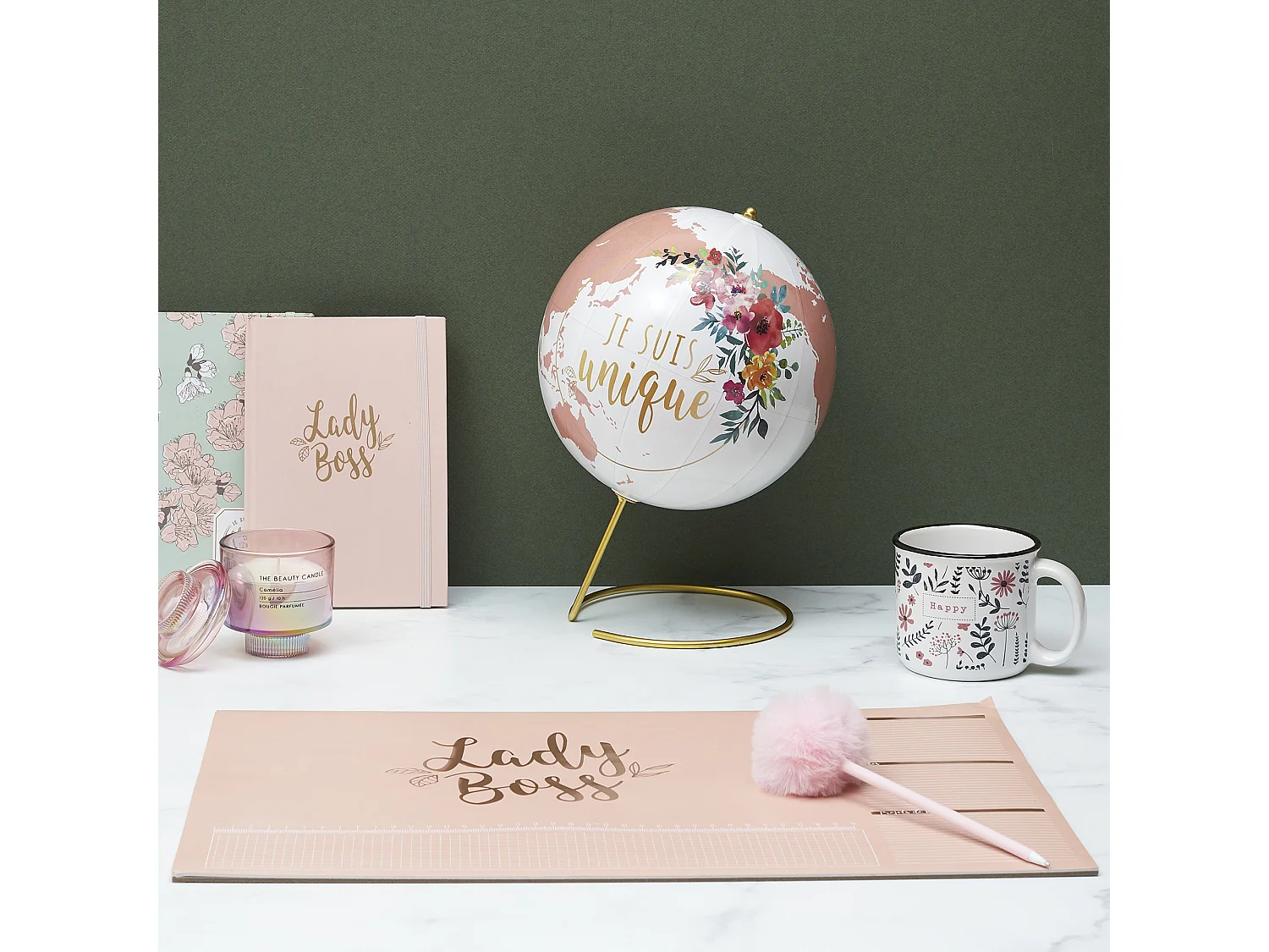 Globe Terrestre Deco Girly Blanc, Rose, Or