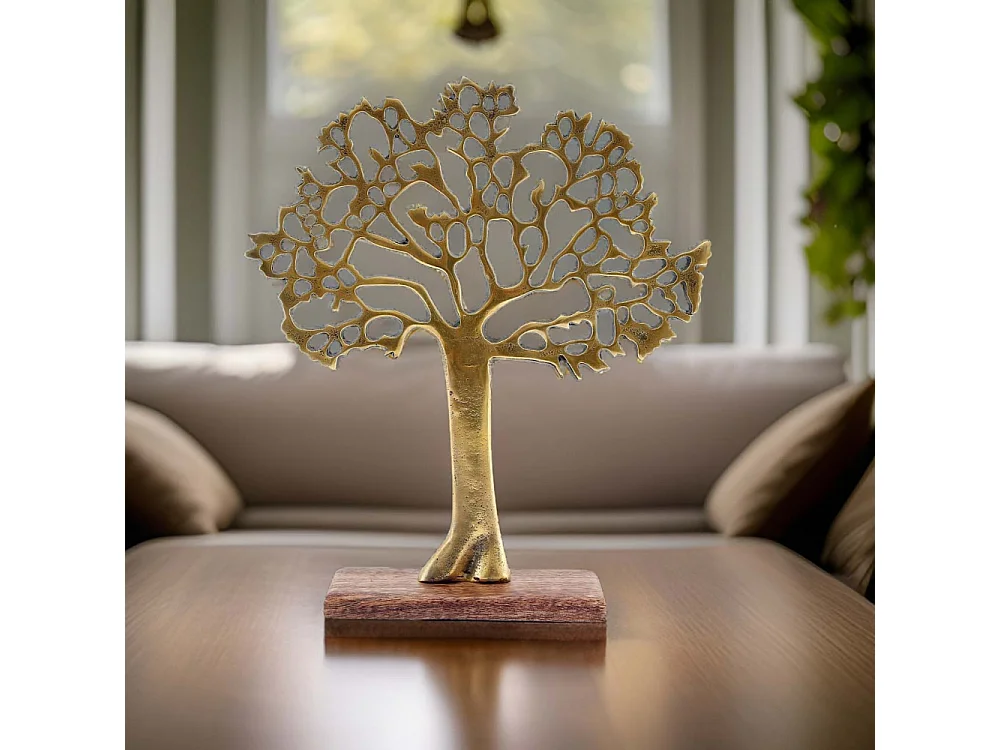 Albero decorativo in alluminio dorato e legno di mango Albero della vita Misura 2