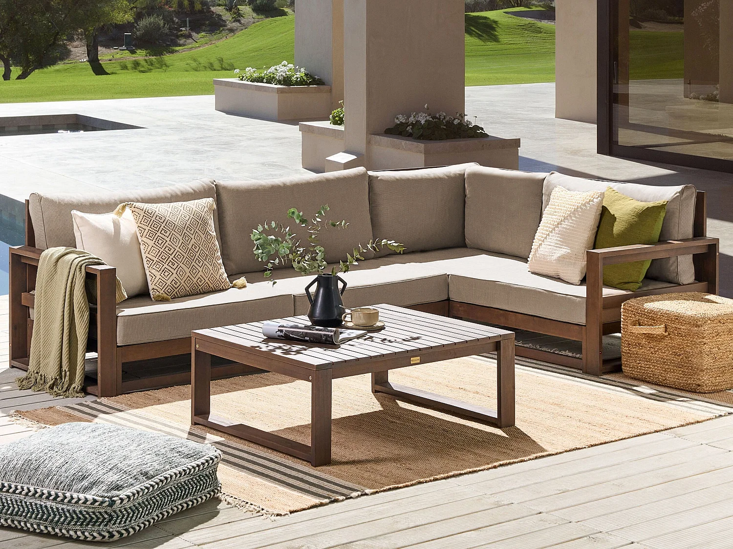 Garden Corner Sofa with Table 4 Seater TIMOR Left Hand Dark Brown Certified Acacia Wood Modular