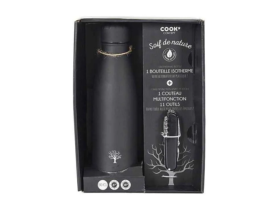 Bouteille Isotherme Couteau Multiusage Coffret Noir