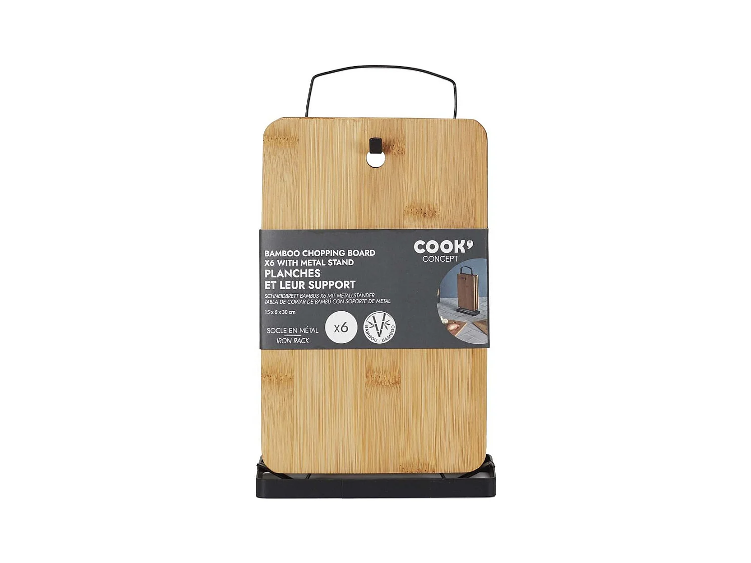 Planche A Decouper Bambou X6 Avec Socle Metal Marron, Noir