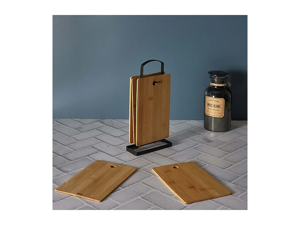 Planche A Decouper Bambou X6 Avec Socle Metal Marron, Noir