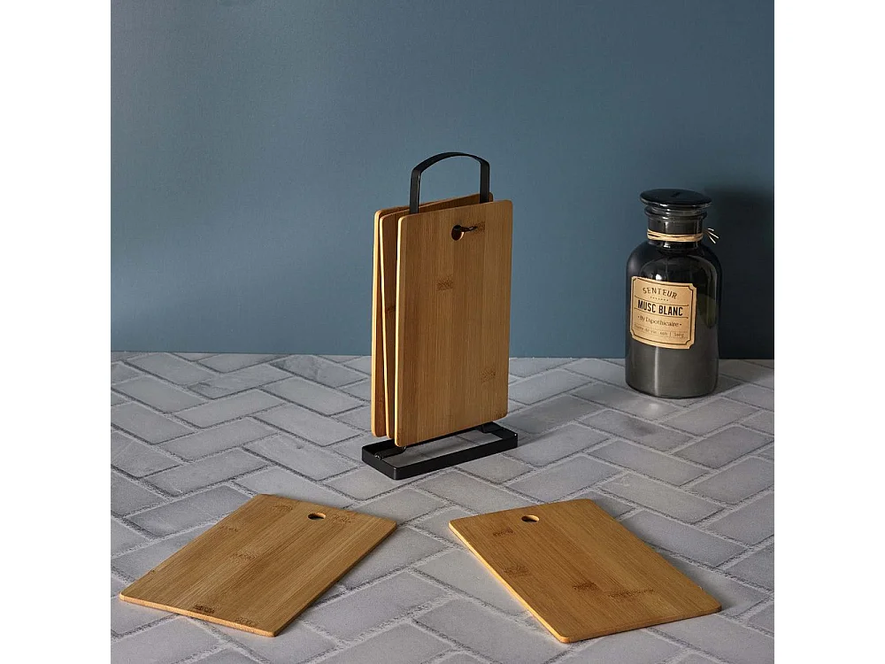 Planche A Decouper Bambou X6 Avec Socle Metal Marron, Noir