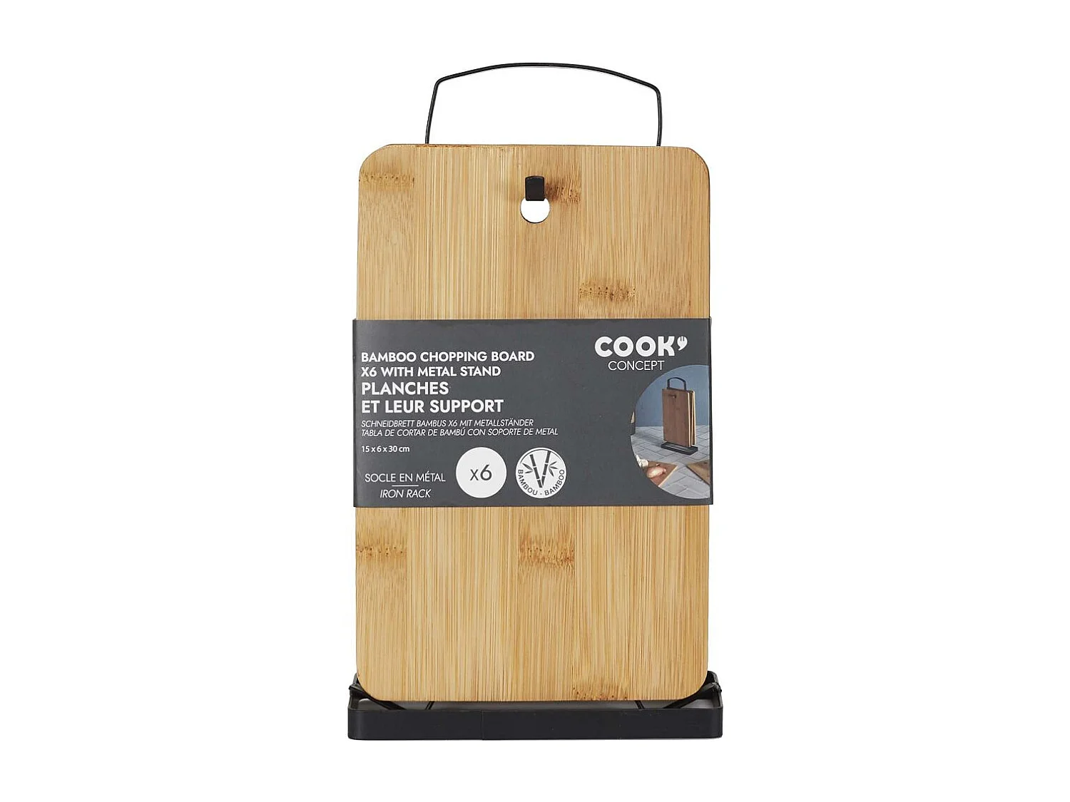 Planche A Decouper Bambou X6 Avec Socle Metal Marron, Noir