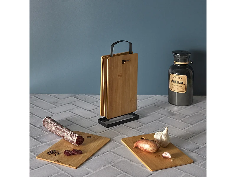 Planche A Decouper Bambou X6 Avec Socle Metal Marron, Noir