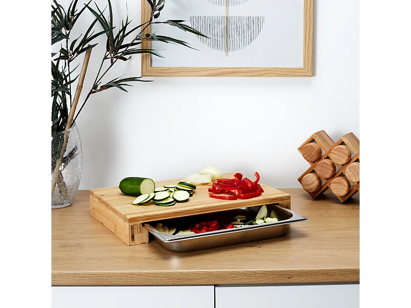 Planche A Decouper Tiroir Integre 32.5x16.2x5.5 Beige, Argent