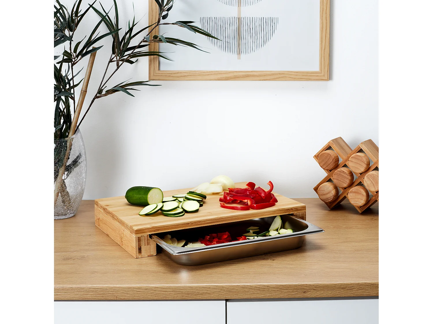 Planche A Decouper Tiroir Integre 32.5x16.2x5.5 Beige, Argent