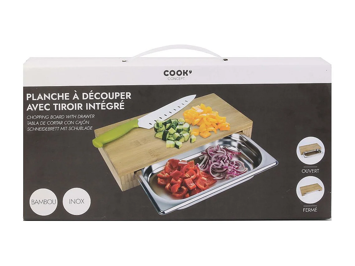 Planche A Decouper Tiroir Integre 32.5x16.2x5.5 Beige, Argent