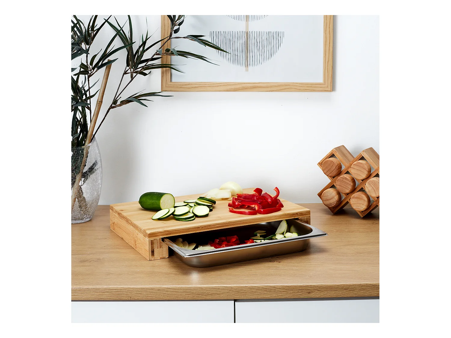 Planche A Decouper Tiroir Integre 32.5x16.2x5.5 Beige, Argent