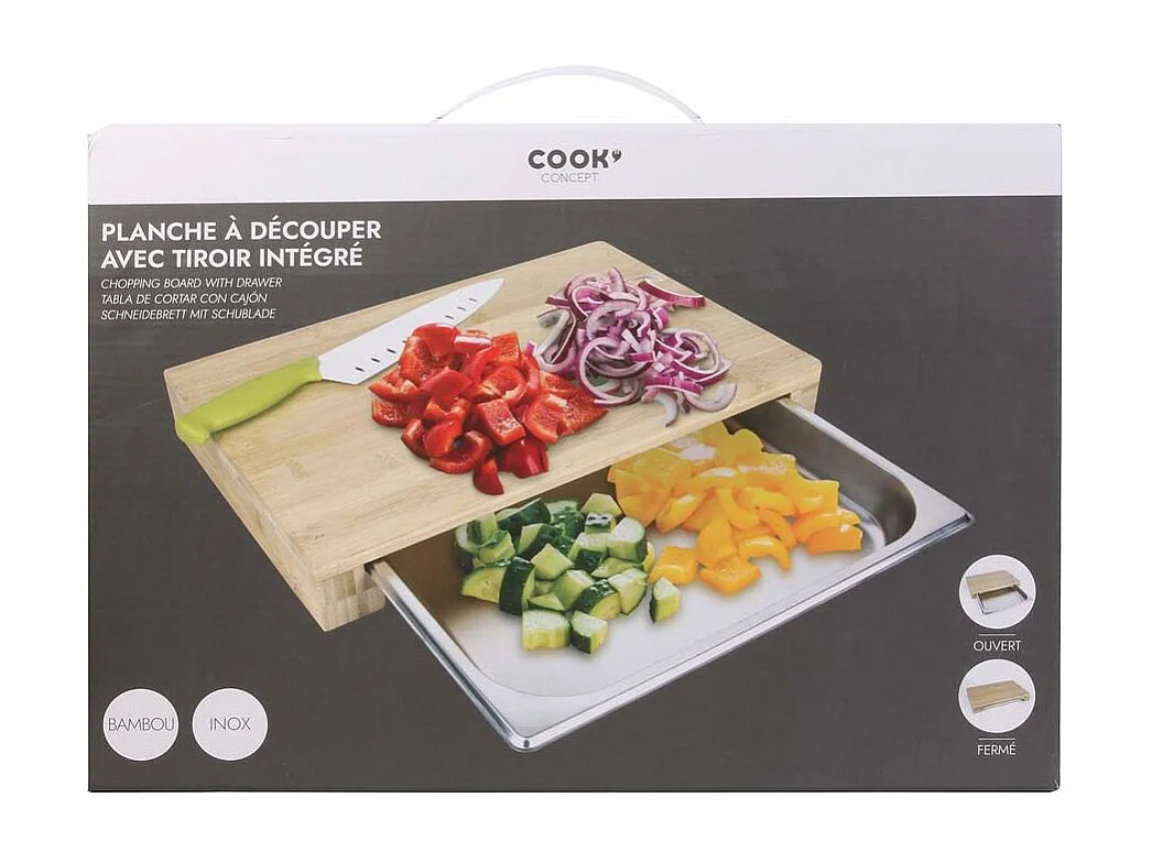 Tabla de cortar de bambú con cajón integrado 38 x 26 cm