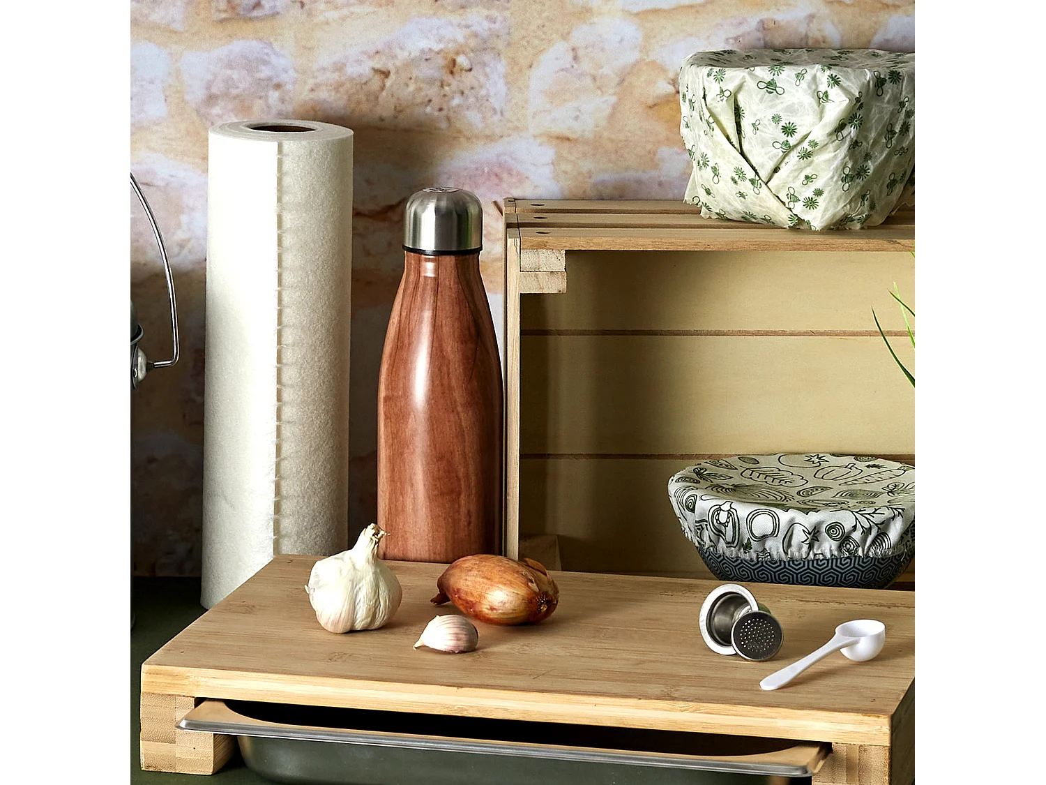 Planche A Decouper Tiroir Integre 38.5x26.5x5.5 Beige, Argent