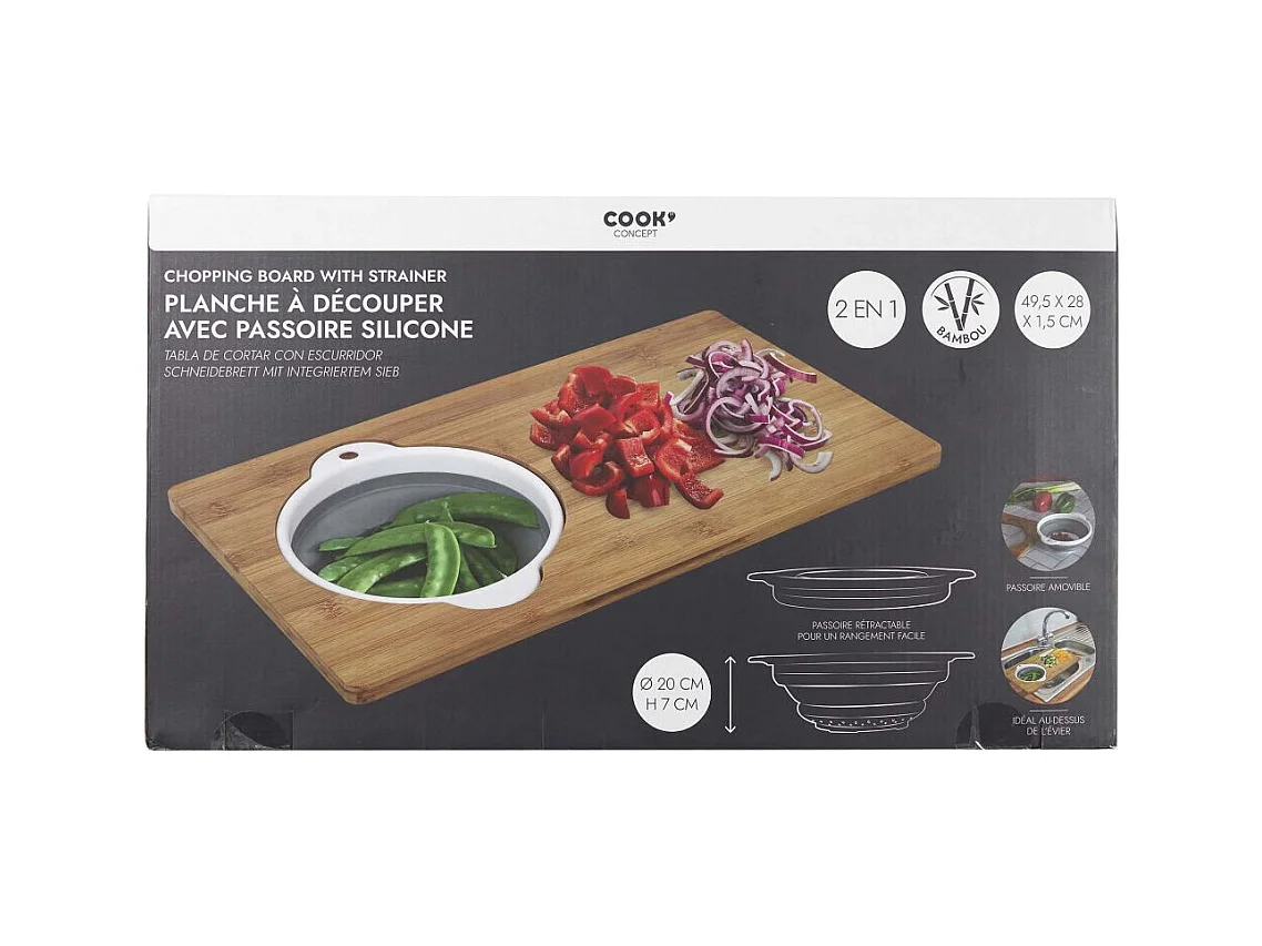 Schneidebrett aus Bambus mit Sieb ausgestattet