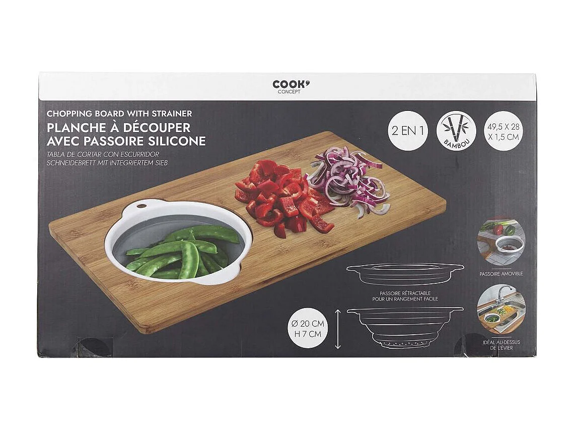 Planche A Decouper Bambou Passoire Integree Marron, Gris