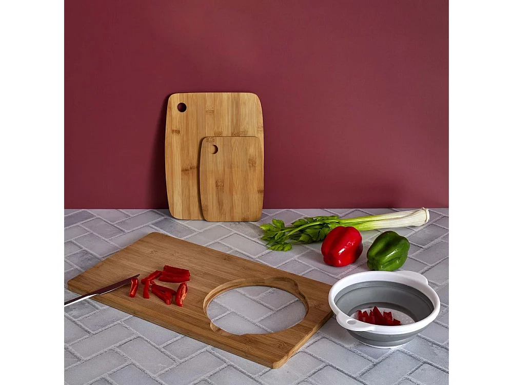 Planche A Decouper Bambou Passoire Integree Marron, Gris