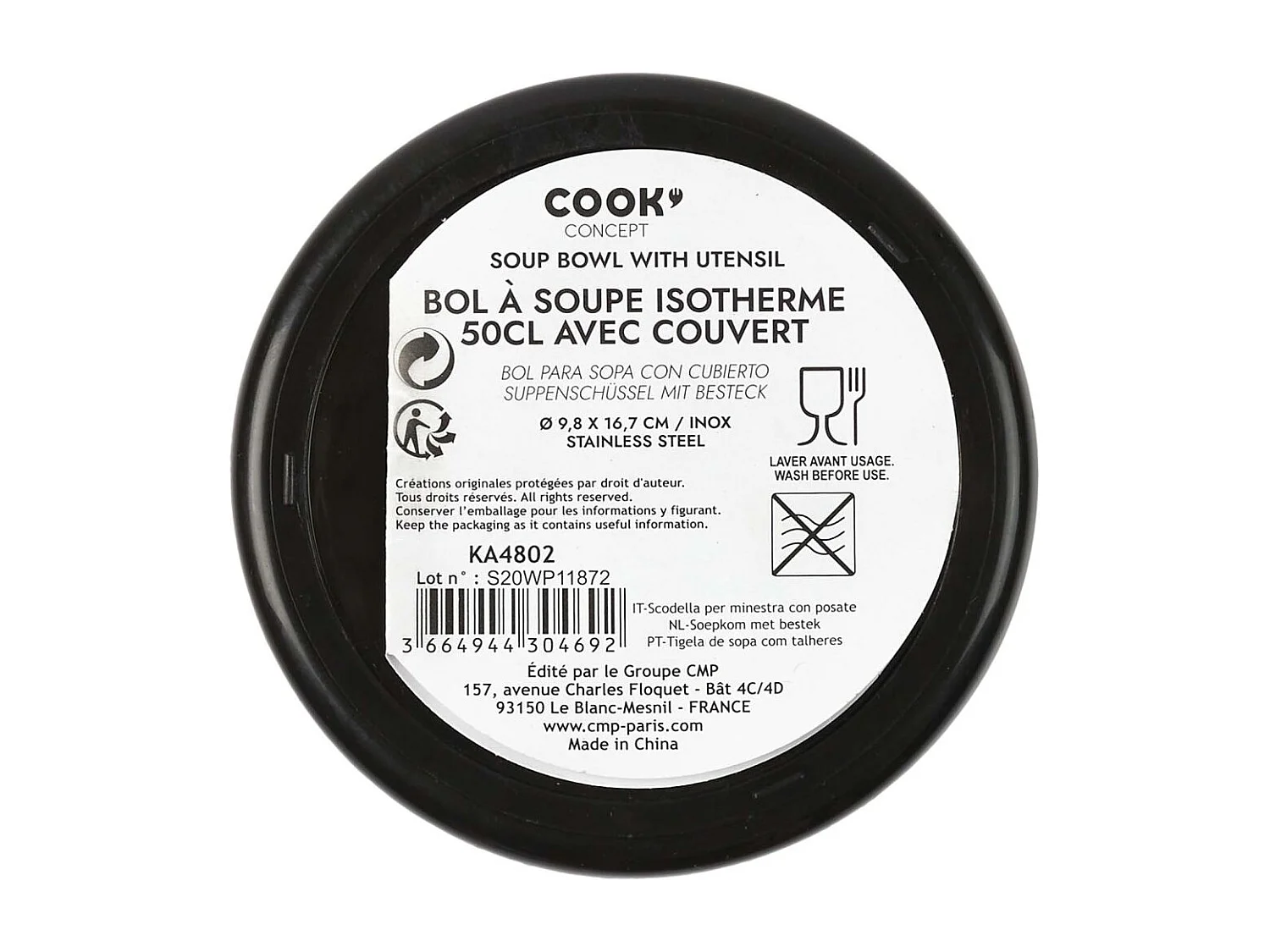 Bol A Soupe Isotherme Avec Couvert Inox 50cl Argent, Noir