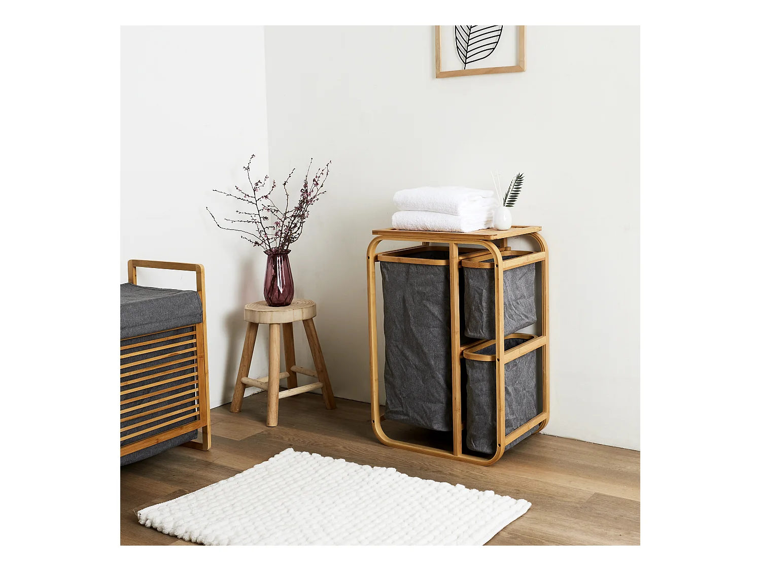 Rangement 3 Compartiments Support Bambou Gris