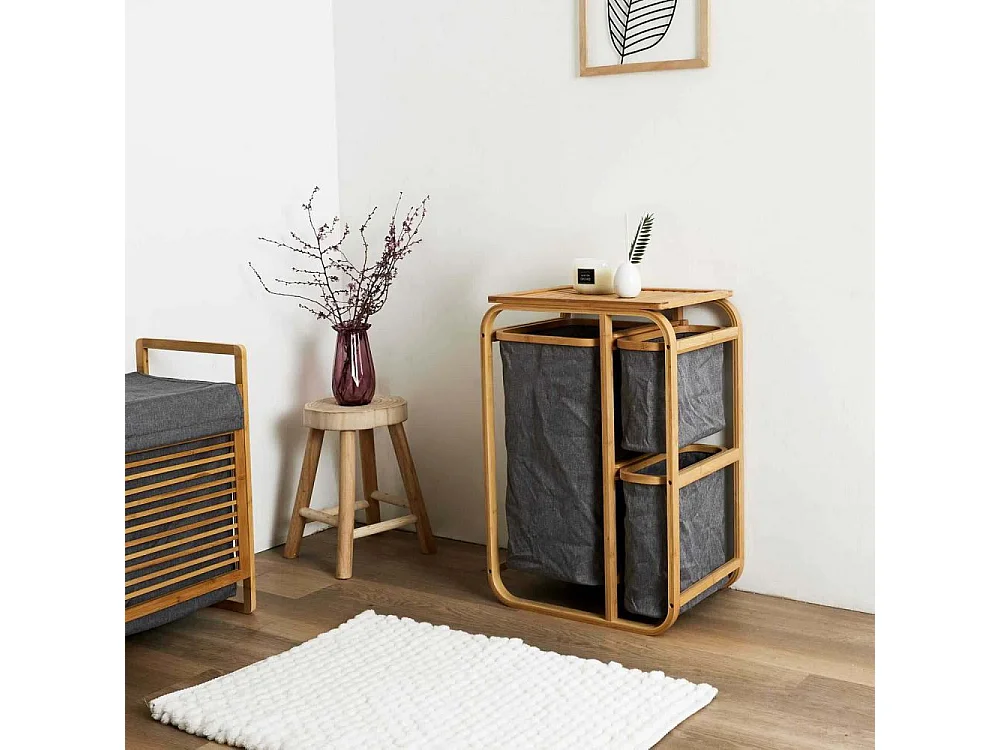 Rangement 3 Compartiments Support Bambou Gris