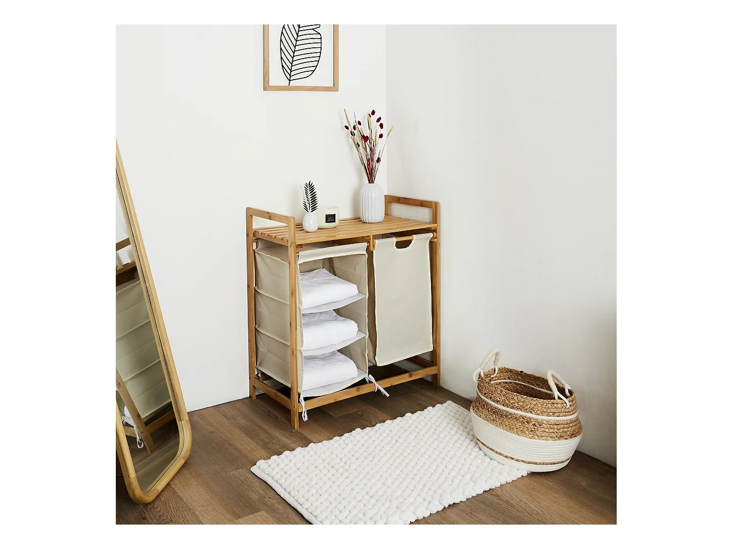 Rangement Compartiments Support Bambou Beige, Marron