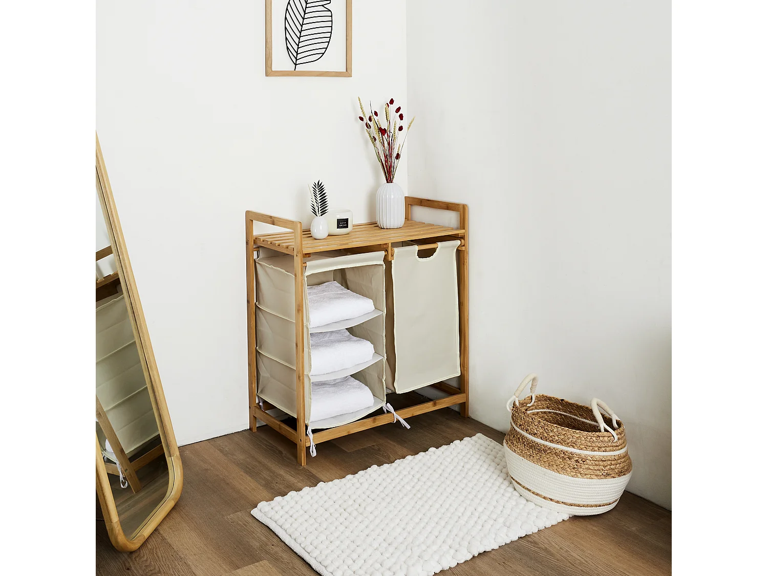 Rangement Compartiments Support Bambou Beige, Marron