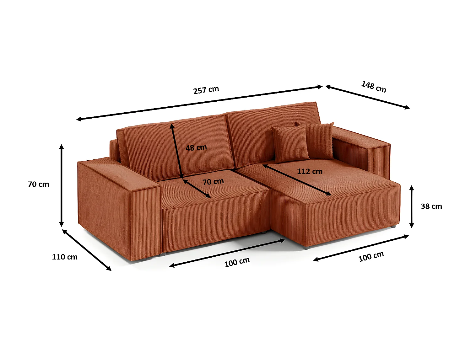 Vella mini-converteerbare hoekbank van corduroy. Opbergkist - 260 cm lengte (beige)