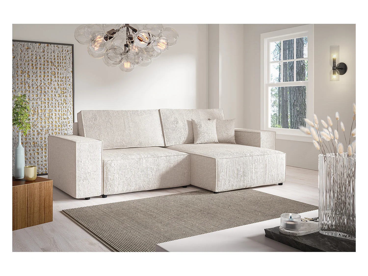 Canapé d'angle Convertible Vella Mini en Velours côtelé. Coffre de Rangement - 260 cm de Longueur (Beige)