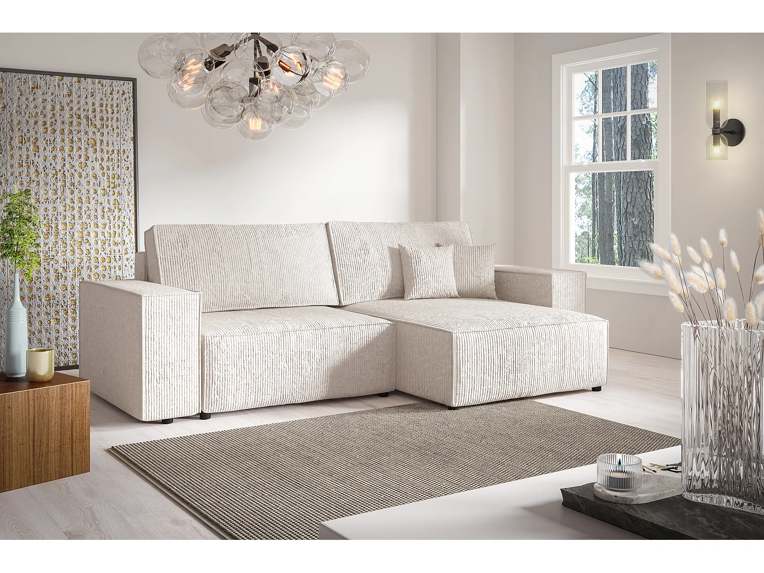 Canapé d'angle Convertible Vella Mini en Velours côtelé. Coffre de Rangement - 260 cm de Longueur (Beige)