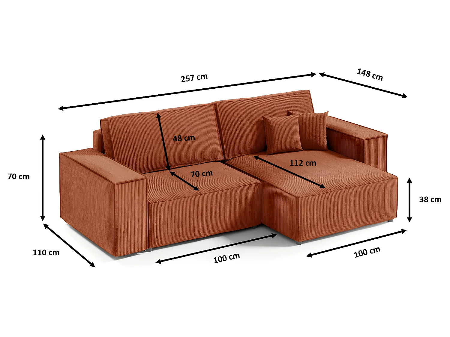 Canapé d'angle Convertible Vella Mini en Velours côtelé. Coffre de Rangement - 260 cm de Longueur (Beige)