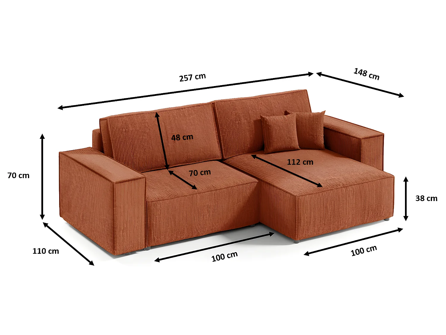 Vella mini-converteerbare hoekbank van corduroy. Opbergkist - 260 cm lengte (beige)