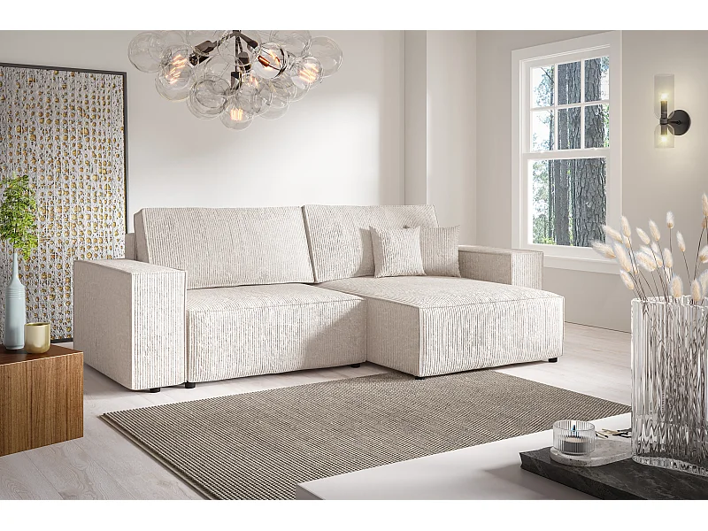 Canapé d'angle Convertible Vella Mini en Velours côtelé. Coffre de Rangement - 260 cm de Longueur (Beige)