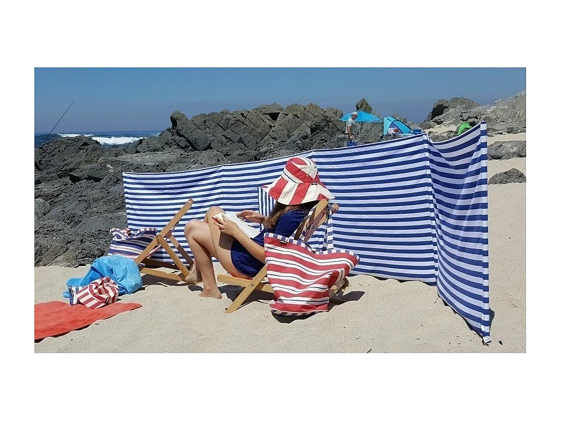 Pare-vent plage 2.7m tissu 100% coton Evora Bleu - écru et rouge
