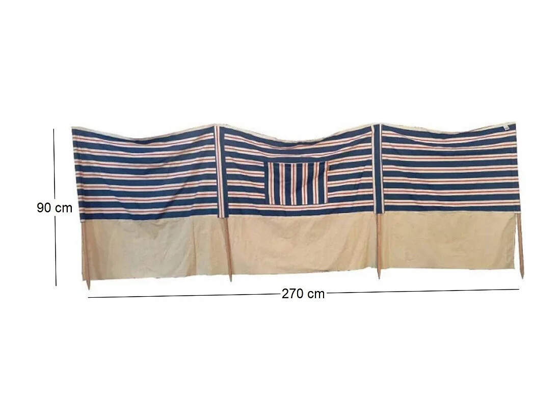 Pare-vent plage 2.7m tissu 100% coton Evora Bleu - écru et rouge