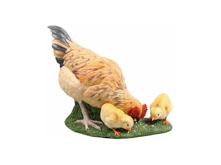Poule avec poussins picorants en résine 36.5 x 19 x 28.5 cm