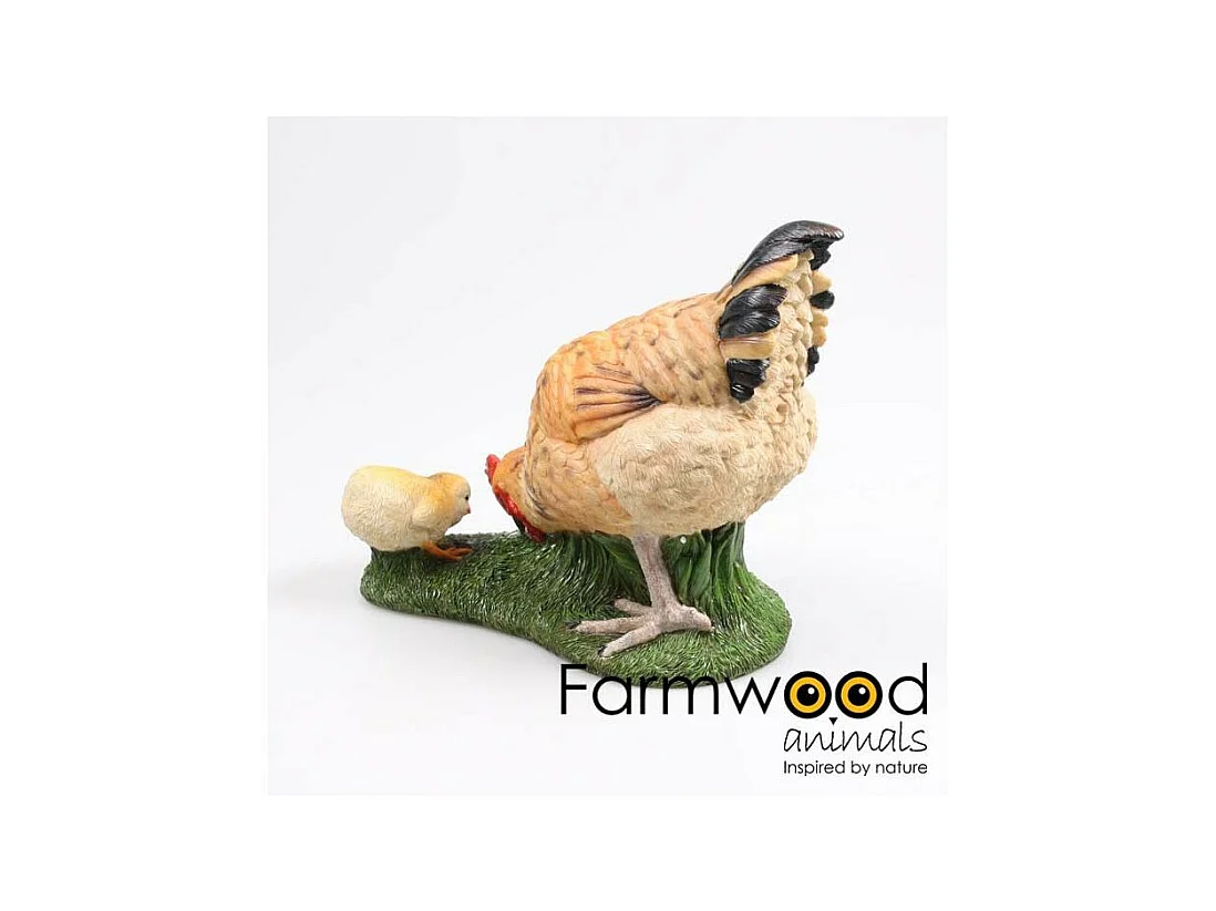 Poule avec poussins picorants en résine 36.5 x 19 x 28.5 cm