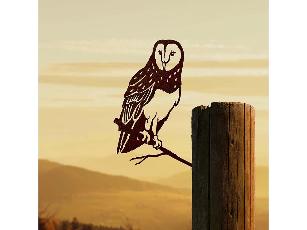 Oiseau sur pique chouette effraie en acier corten