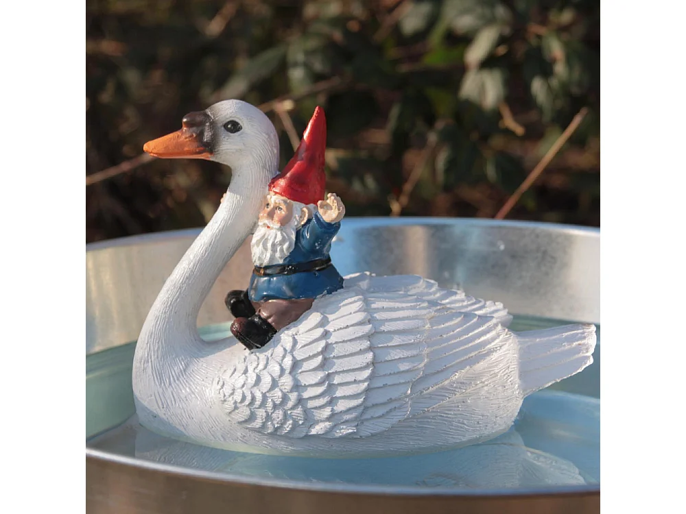 Nain de jardin en résine balade sur l'eau Cygne assis