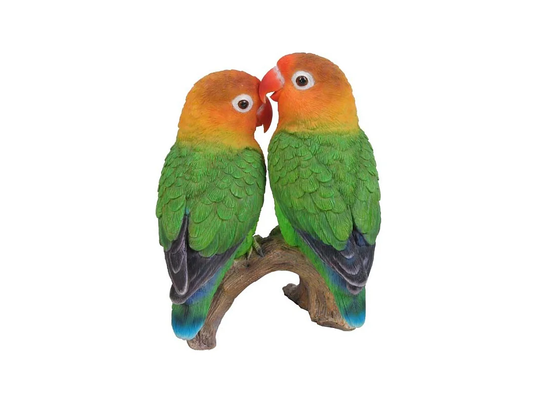Couple d'inséparables en résine sur branche