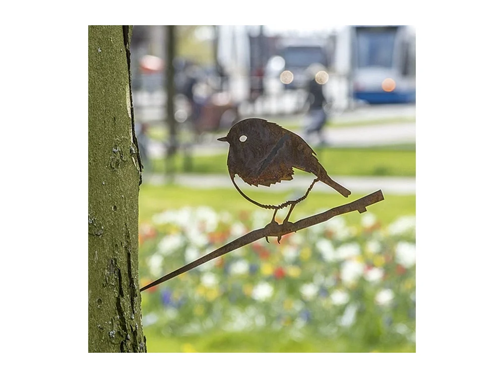 Oiseau à planter rouge gorge en acier corten Hauteur 14cm