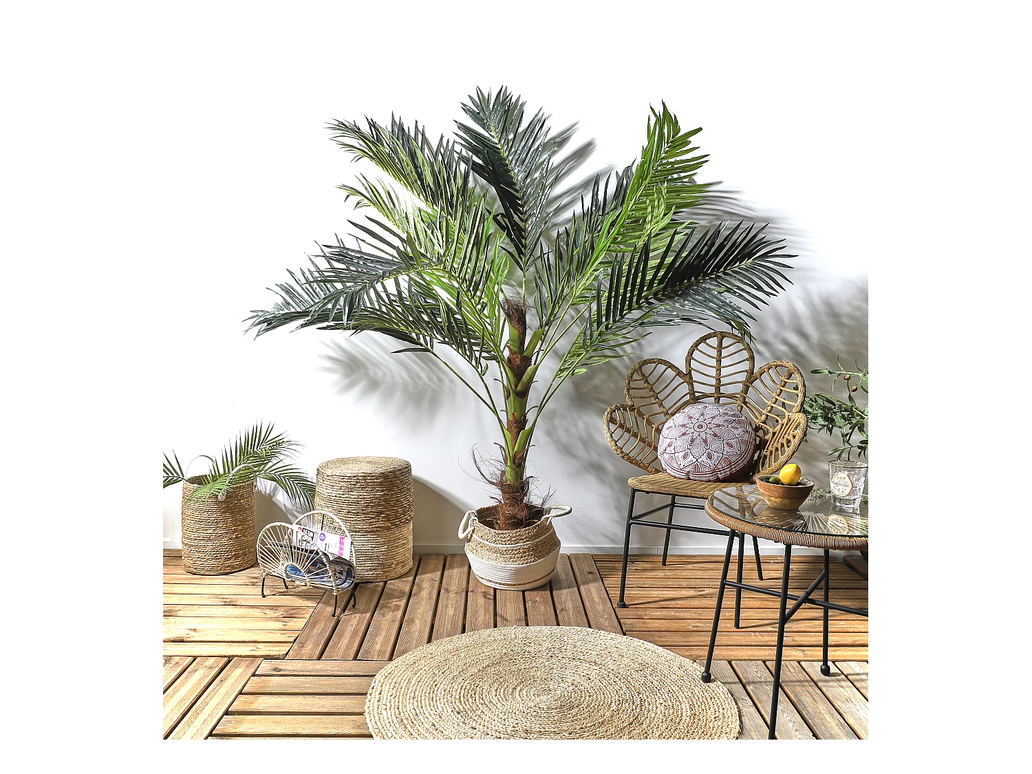 Plante Artificielle Palmier H125cm Vert, Marron, Noir