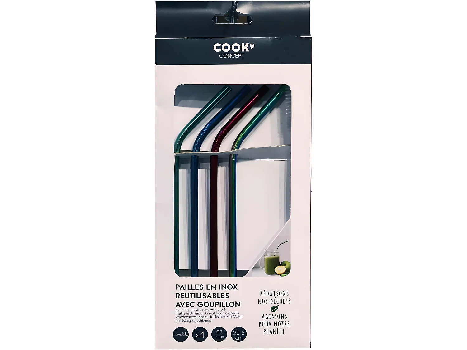 Lot de 4 Pailles Inox "Goupillon" 22cm Multicolore