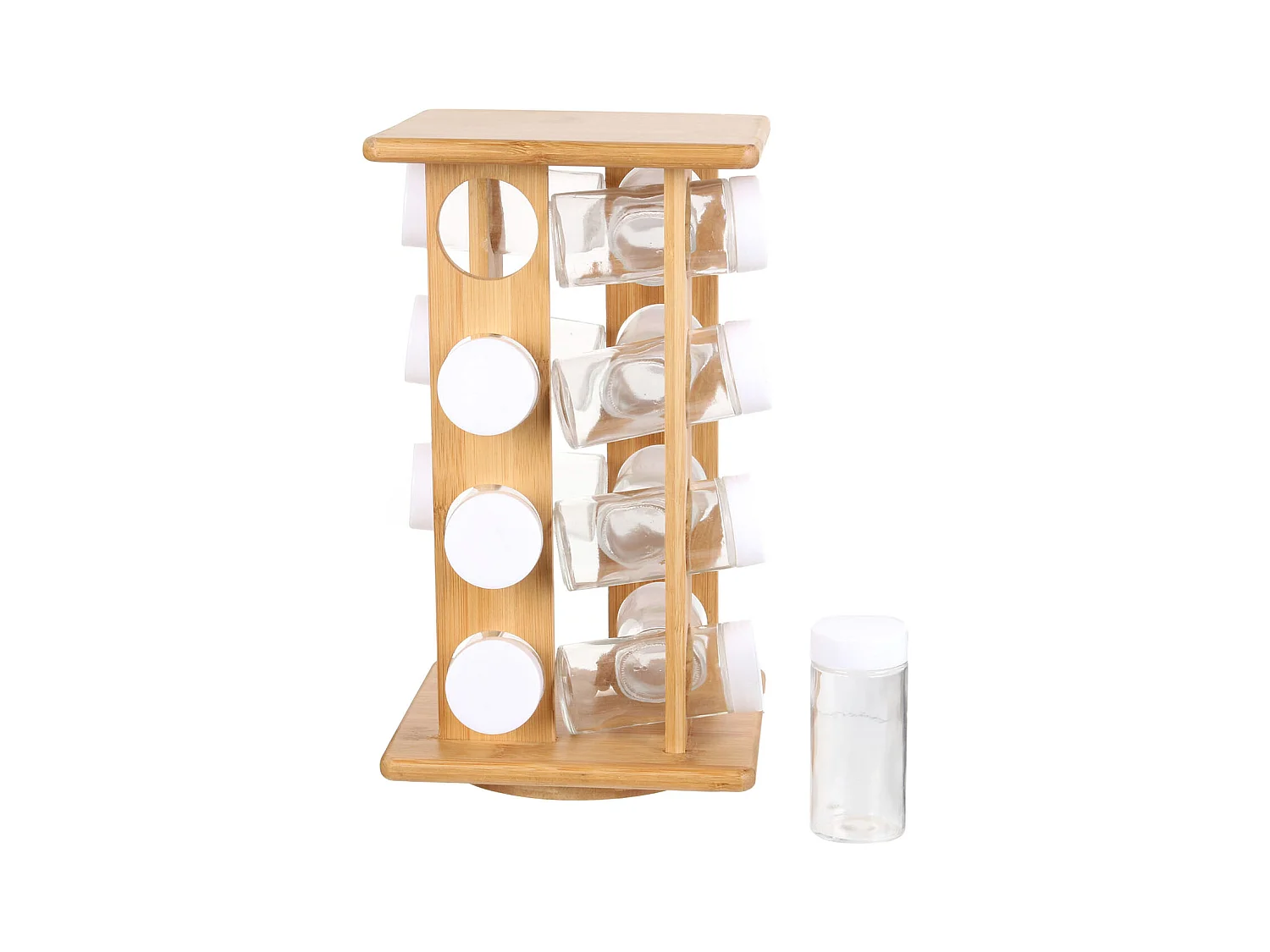 7presentoir A Epices 16 Pots En Bambou Marron, Transparent, Blanc